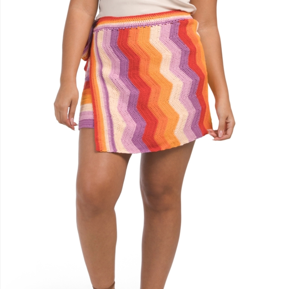 Farm Rio Multiple Stripe Crochet Wrap Skirt NWT